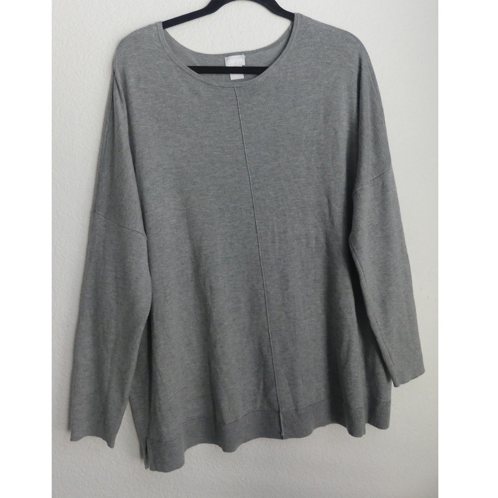 Chicos Womens Gray Cashmere Blend Knit Sweater Crew Neck Drop Shoulder Size 3 XL